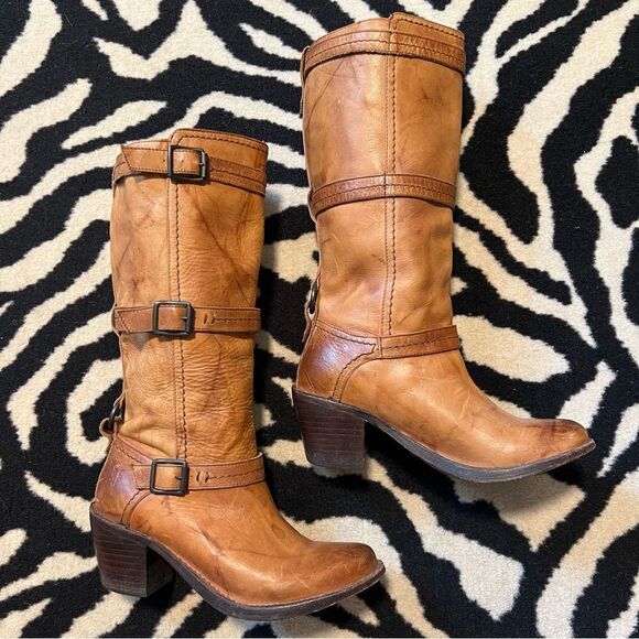 Frye Carmen 3 Strap Saddle Mid Calf Leather Boots - Picture 1 of 10